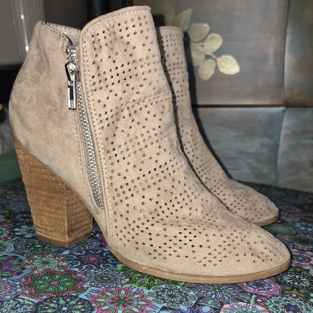 Women's Taupe Perfurated Suede Block Heel Ankle Boots